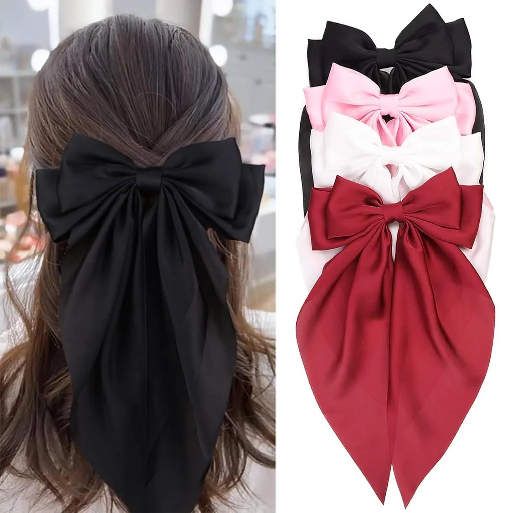 Lot de 4 grandes barrettes à nœud en satin de soie noir blanc rose rouge