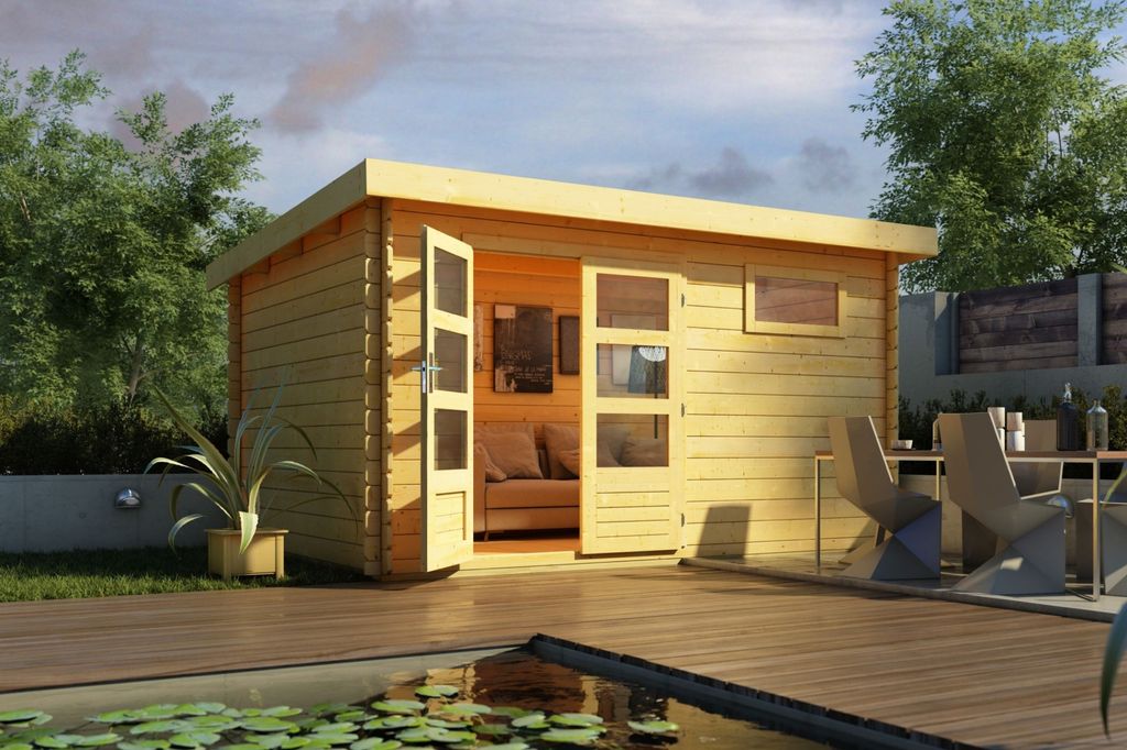 Karibu Gartenhaus Blockbohlenhaus Benstrup 8 im Sparset 28mm Wandstärke 387 x 297 cm Inklusive Dachfolie und extra Fenster Farbe: Naturbelassen