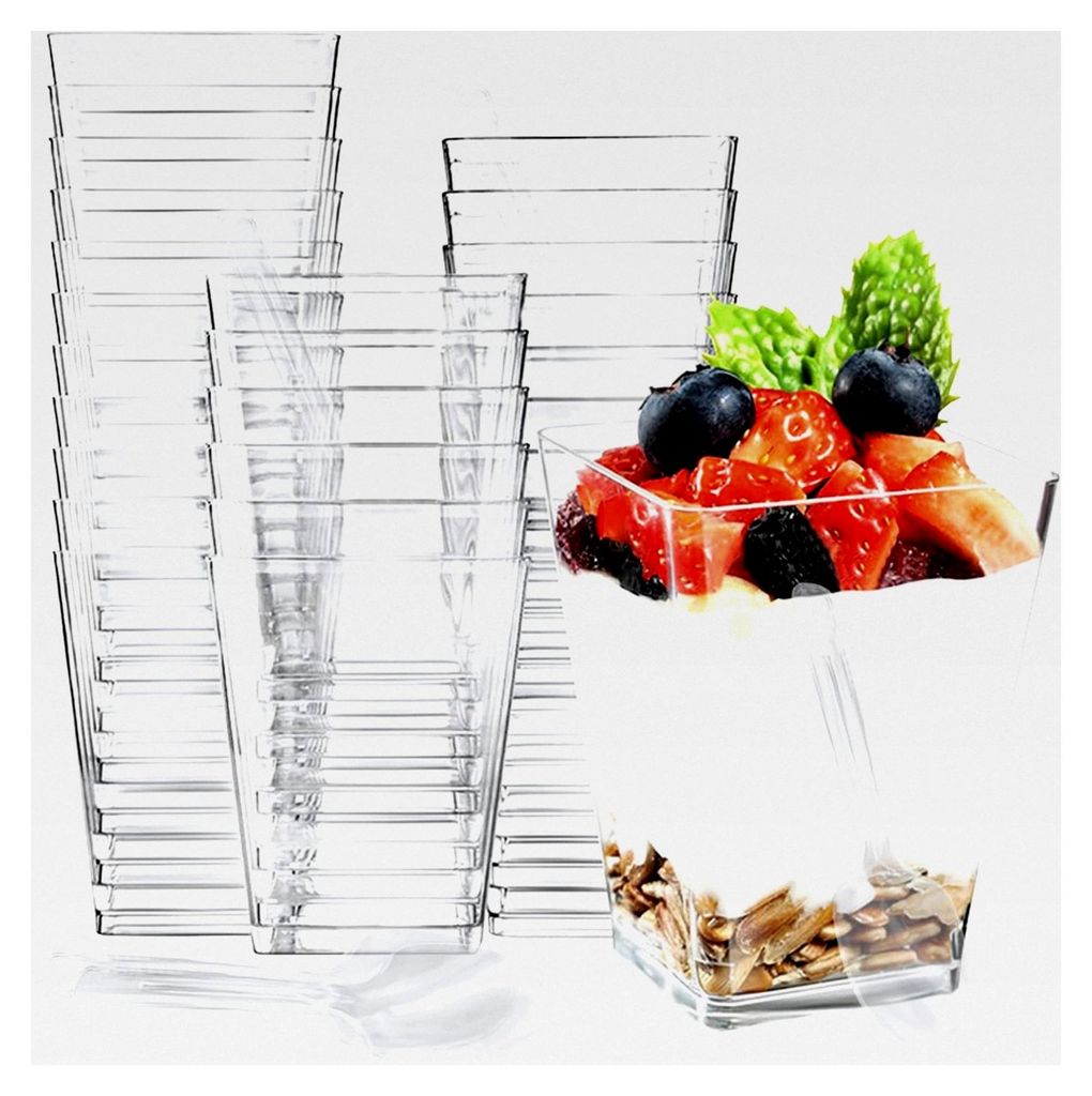25 Stück wiederverwendbare quadratische Dessertgläser, 160 ml Plastik Dessertbecher mit Löffeln, für Desserts, Pudding, Mousse, Buffet Zubehör