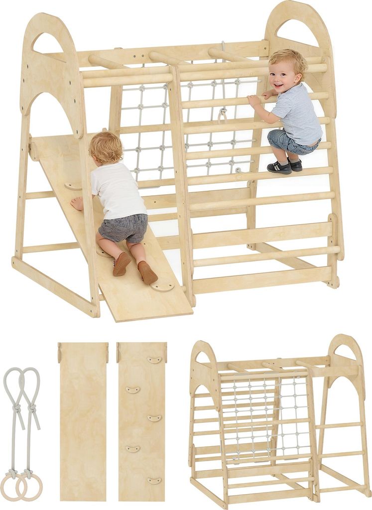 AIYAPLAY 6-in-1 Montessori Klettergerüst Indoor Holz Indoor Spielplatz mit Rutsche, Kletterstangen, Turnringen, Leiter, Kletternetz, Kletterturm I...