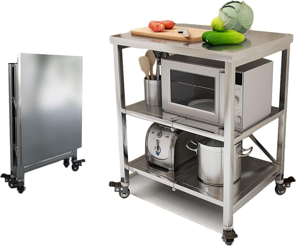 Werktafel aus rostfreiem Stahl, 3 Ebenen, faltbar, Servierwagen, rostfreier Stahl, Küchentisch mit 4 Rädern, rostfreier Tisch, Lebensmittelvorber...