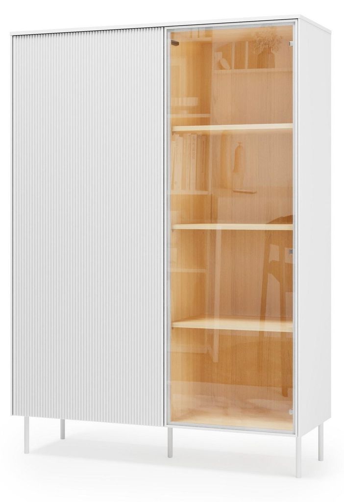 Furniture24 Vitrienschrank Liba Lb-02 Vitrine 110 Cm 156 X 41 Cm Mdf Weiß Seidenmatt / Eiche Vincenza