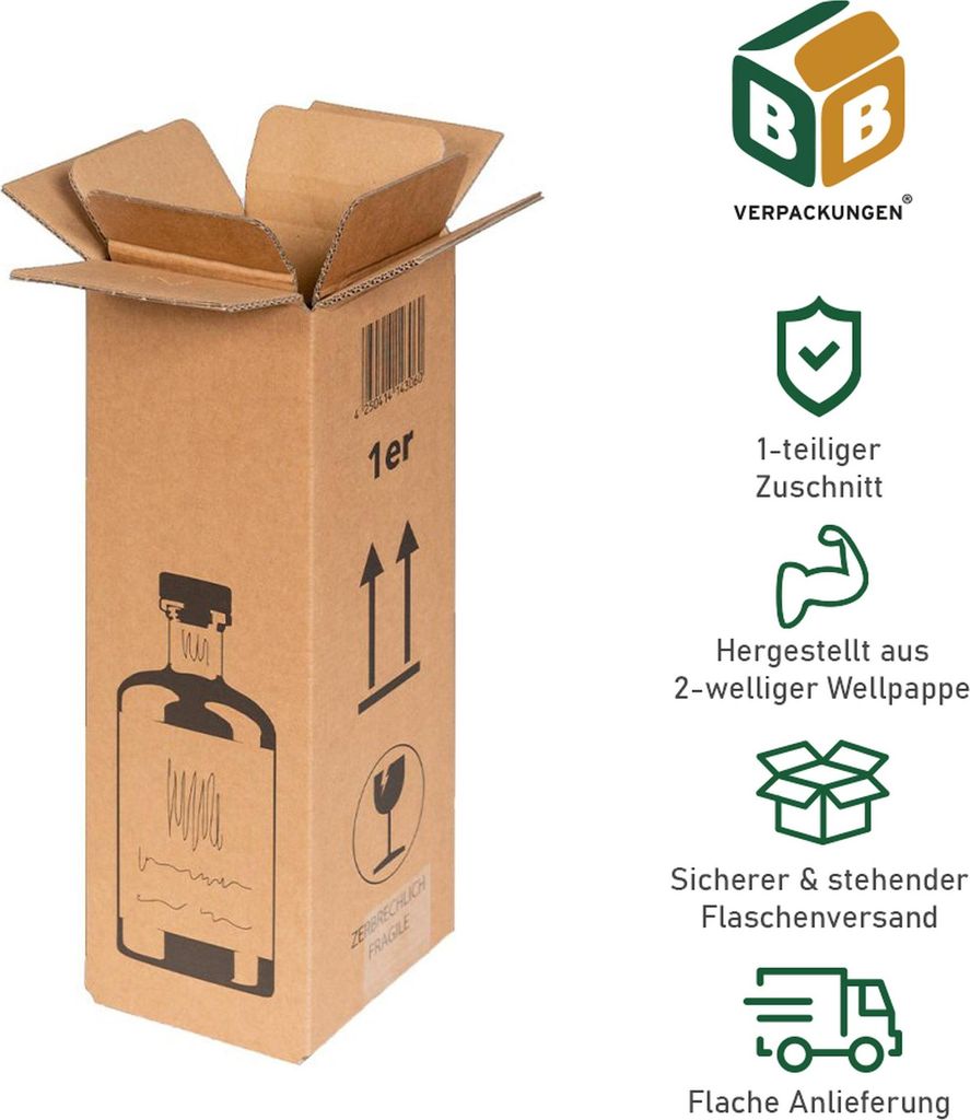 BB-Verpackungen 5 x GIN-Flaschenversandkarton für 1 Flasche Gin (95 x 95 x 293 mm) für Transport und Versand