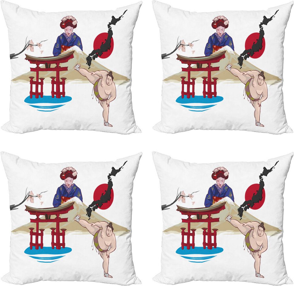ABAKUHAUS asiatisch Kissenbezug Set (4 Stück), Japanische Frau und Gebäude, Moderner Doppelseitiger Digitaldruck, 45 cm x 45 cm, Mehrfarbig