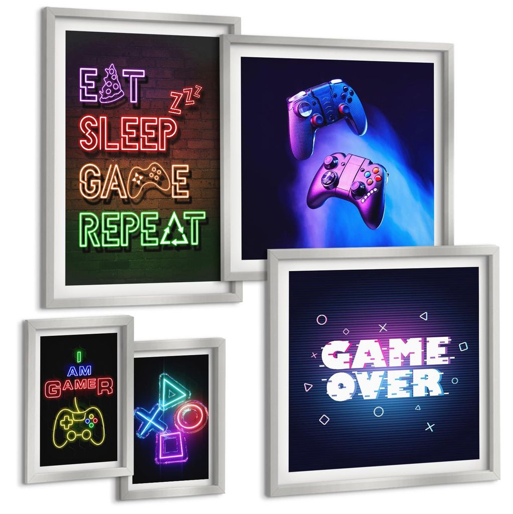 Bilder Set 5-teilig im silbergerahmten Rahmen – Wandbilder 5 Stück – gerahmte Poster für Wohnzimmer, Schlafzimmer und Flur – 50x50 cm - 40x...