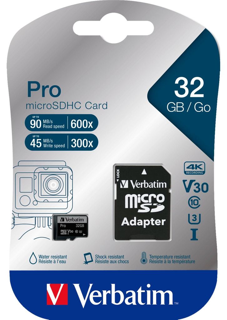 Verbatim Pro 32GB MicroSDHC Class 10 - Black, Shock/Water