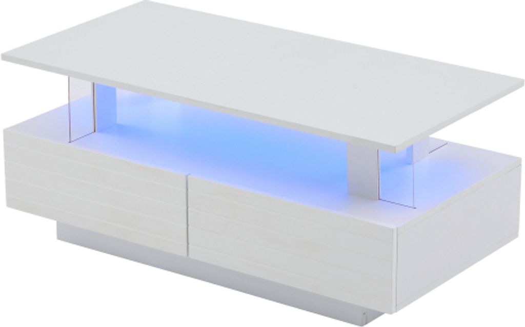 Couchtisch 100x50x42 cm LED Weisser Aufbewahrungsfunktion Wohnzimmertisch Doppelschichtiger Rechteckiger Beistelltisch Bluetooth App Steuerung