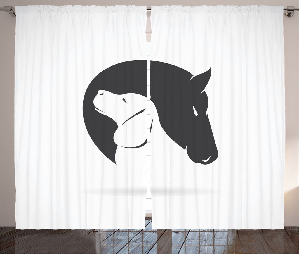 ABAKUHAUS Schwarz-Weiss Rustikaler Vorhang, Hund Pferd Freund, Wohnzimmer Universalband Gardinen mit Schlaufen und Haken, 280 x 225 cm, Schwarz Weiss