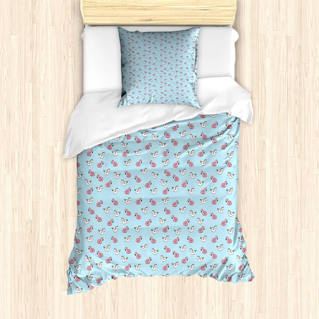 ABAKUHAUS Set copripiumino per letto singolo, unicorno e fenicottero in gomma, antiacaro e anallergico, con federa, 135 cm x 200 cm - 80 x 80 cm, azzurro pallido e bianco