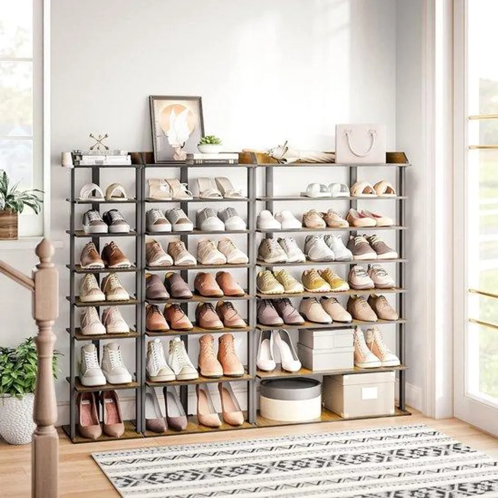 Étagère à chaussures robuste style industriel avec plateau bois foncé