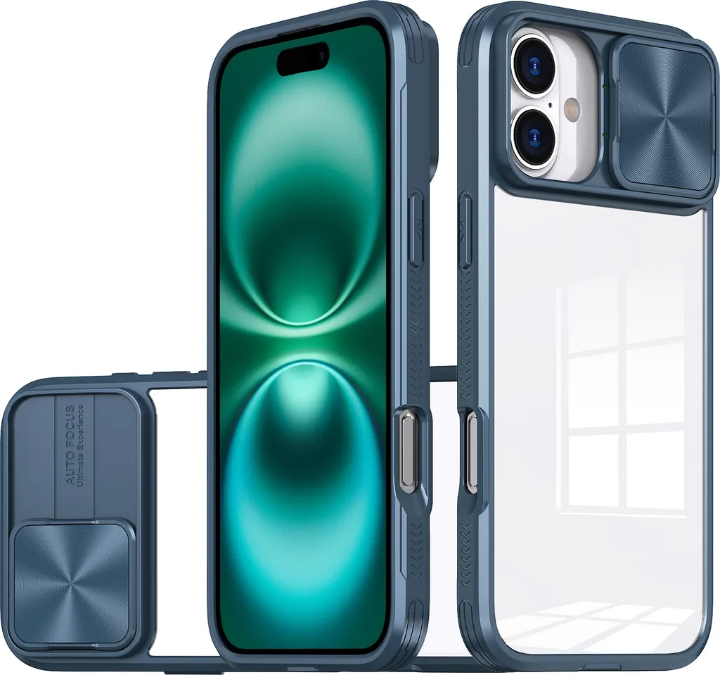 Custodia iPhone 16 Blu Trasparente: Protezione Fotocamera Scorrevole
