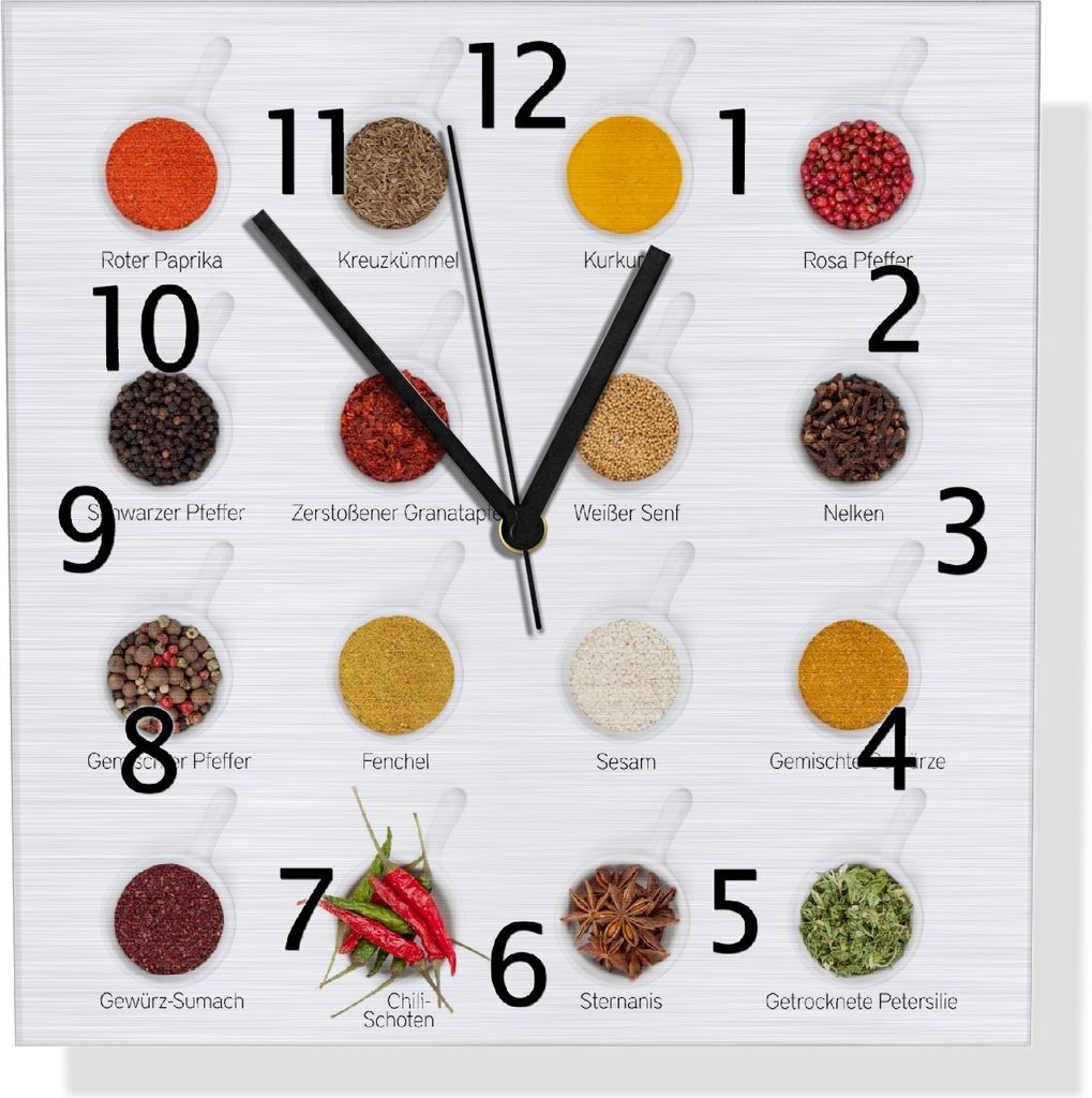 Wallario Design Wanduhr Welt der Gewürze - Übersicht über verschiedenen Gewürze aus Aluverbund, Größe 30 x 30 cm
