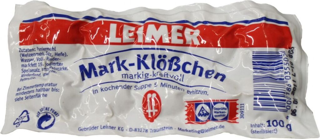 A crumpled plastic package of Leimer Mark-Klößchen dumplings.
