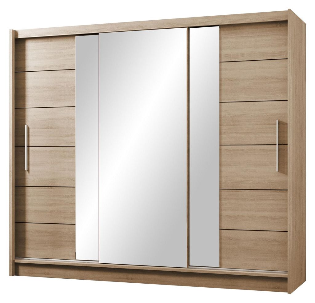 Masseno Schiebetürenschrank KAYLE 250/215/61 cm 3-türig mit Spiegel Sonoma Eiche