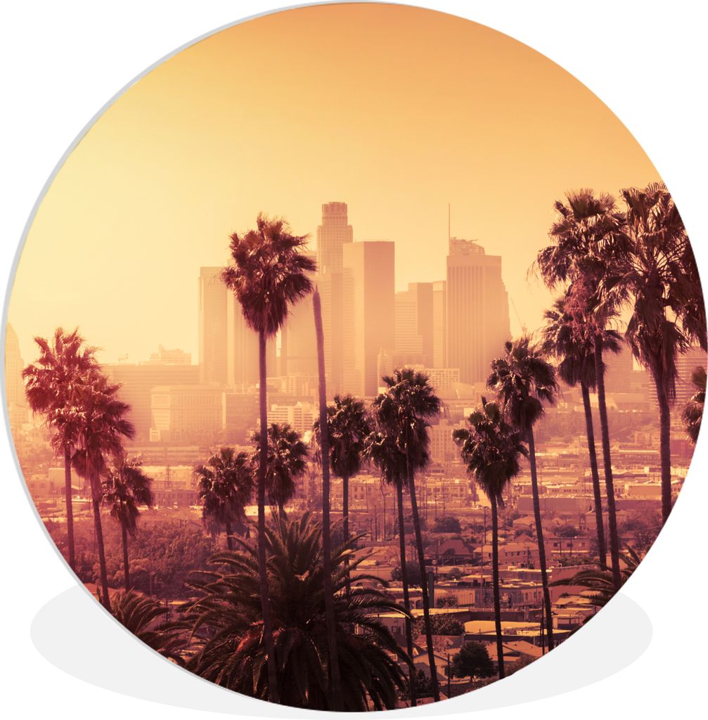 MuchoWow Rundes Wandbild - Runde Bilder Palme - Skyline - Sonnenuntergang - Architektur Ø 60 cm Kreis Wanddekoration Kunststoff - Wandkreis - Wa...