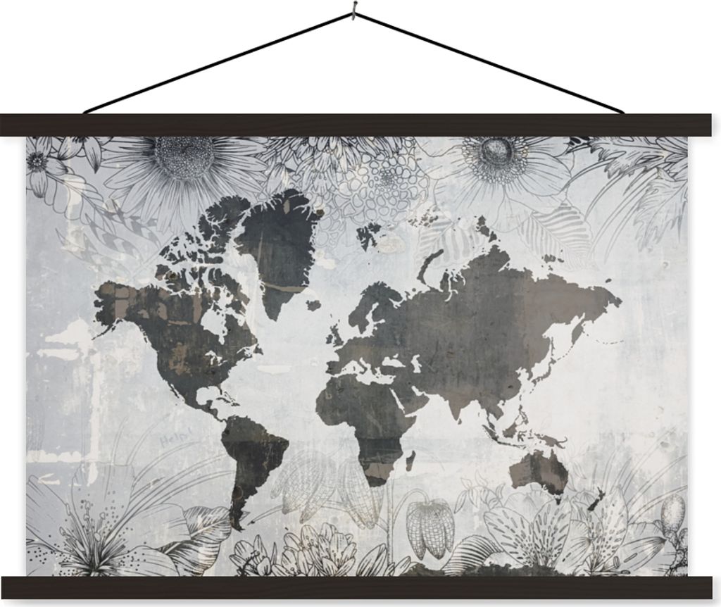 MuchoWow Textilposter Weltkarte - Blumen - Holz 150x100 cm mit schwarzem Rahmen - Schlafzimmer