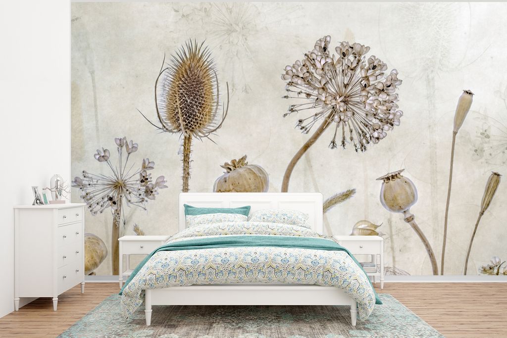 MuchoWow Fototapete für Wohnzimmer oder Schlafzimmer Wandtapete Vinyl Motivtapete Blumen - Aquarell - Stilleben - Braun - Vintage - 350x260 cm -...