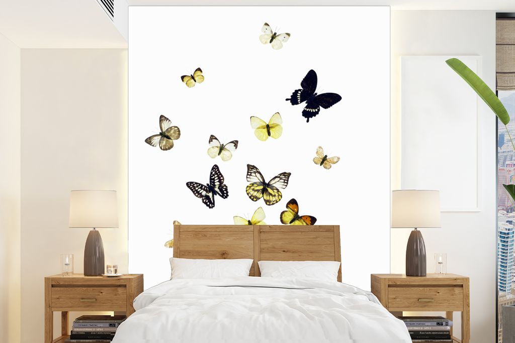 MuchoWow Fototapete für Wohnzimmer oder Schlafzimmer Wandtapete Vinyl Motivtapete Schmetterlinge auf weißem Hintergrund - 190x260 cm - Papierta...