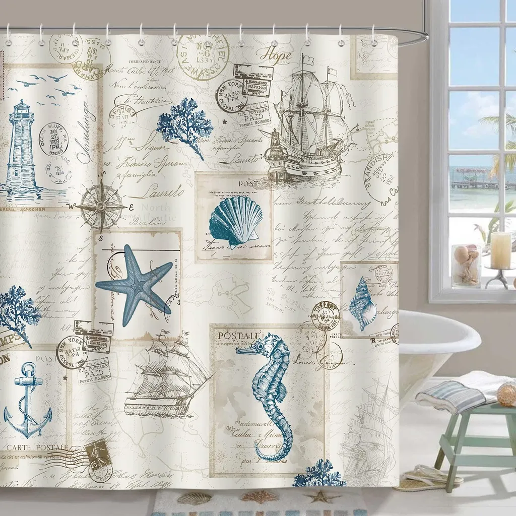 Rideau de douche anti-moisissure à motif ancre et phare en polyester