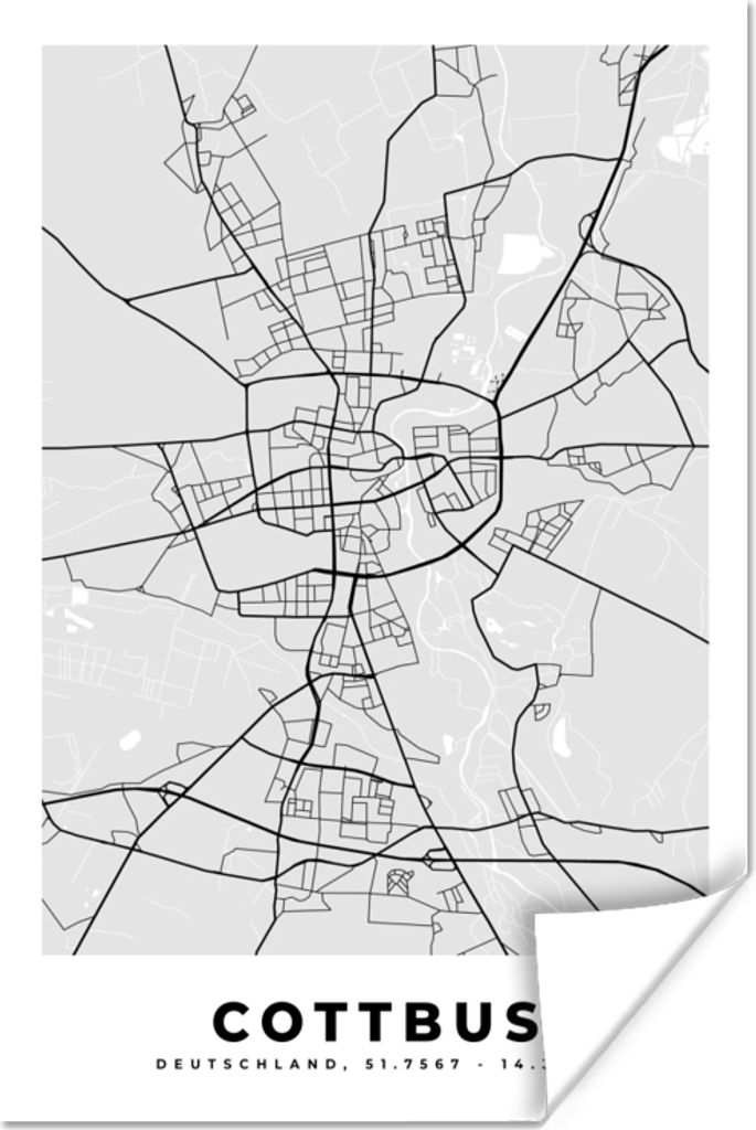 MuchoWow Poster Cottbus - Karte - Stadtplan - Deutschland - Karte 80x120 cm - Papierdruck