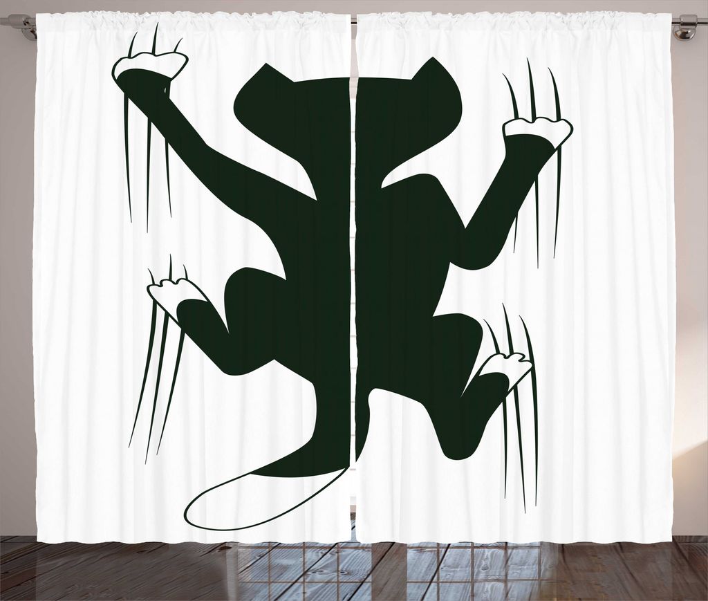 ABAKUHAUS Katze Rustikaler Gardine, Tier Funny Pet Art, Schlafzimmer Kräuselband Vorhang mit Schlaufen und Haken, 280 x 175 cm, Dunkelgrün Weiß