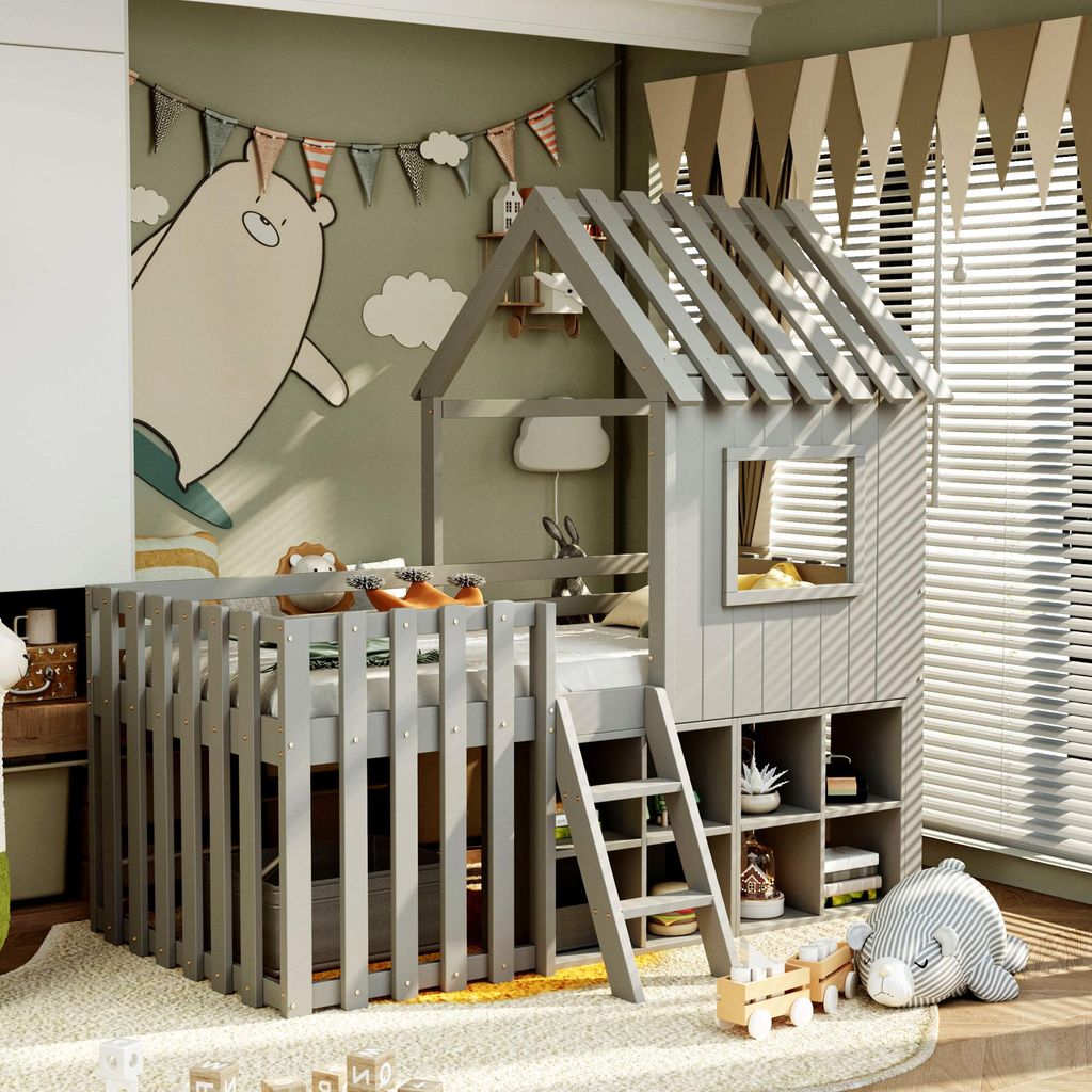 okwish Hochbett 90x200 Hausbett ohne Matratze mit Kletterleiter und offenem Stauraum,Kinderbett mit Dach und Fenster,Holzbett aus Massivholz,Grau