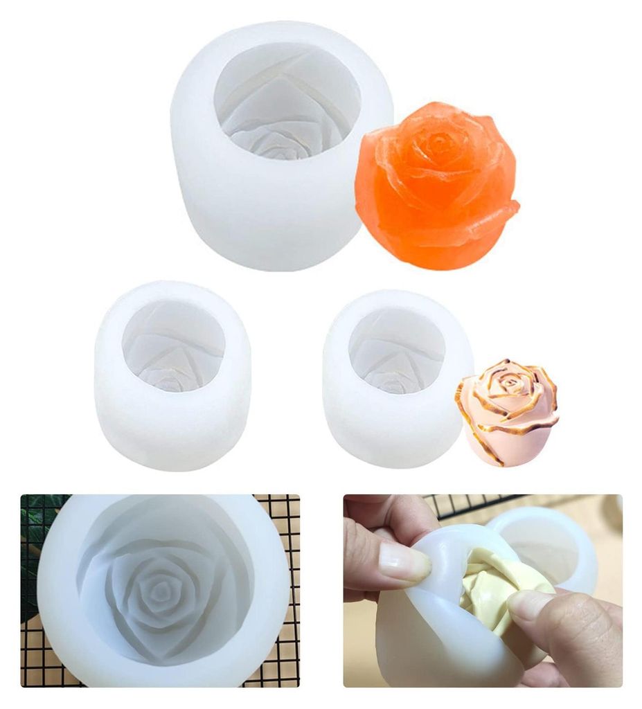 Kerzenform, Kerzengießform, Silikonformen, 3D-Rosenform – 3-teilig, Blumenförmige Silikon-Seifenform, DIY-Kerzenform, Manuelle Seifengießforme...