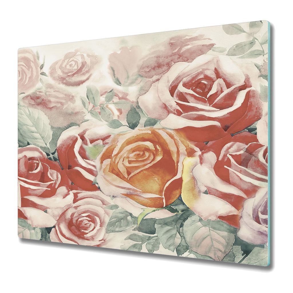 Küchenschneidebrett - Glasschneidebrett - Herdabdeckung - 60x52 - Buntes Rosenbouquet
