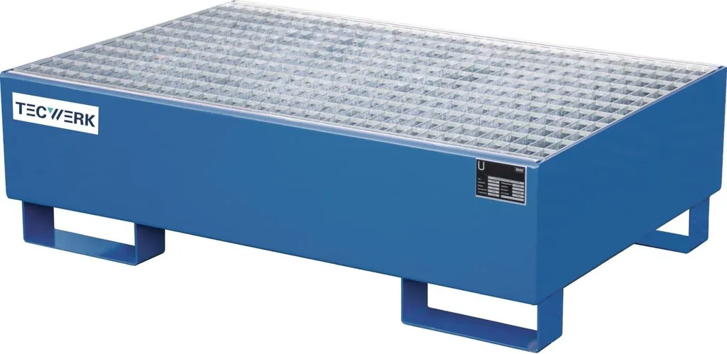 Bac de rétention bleu RAL 5010 acier 215 litres avec caillebotis amovible