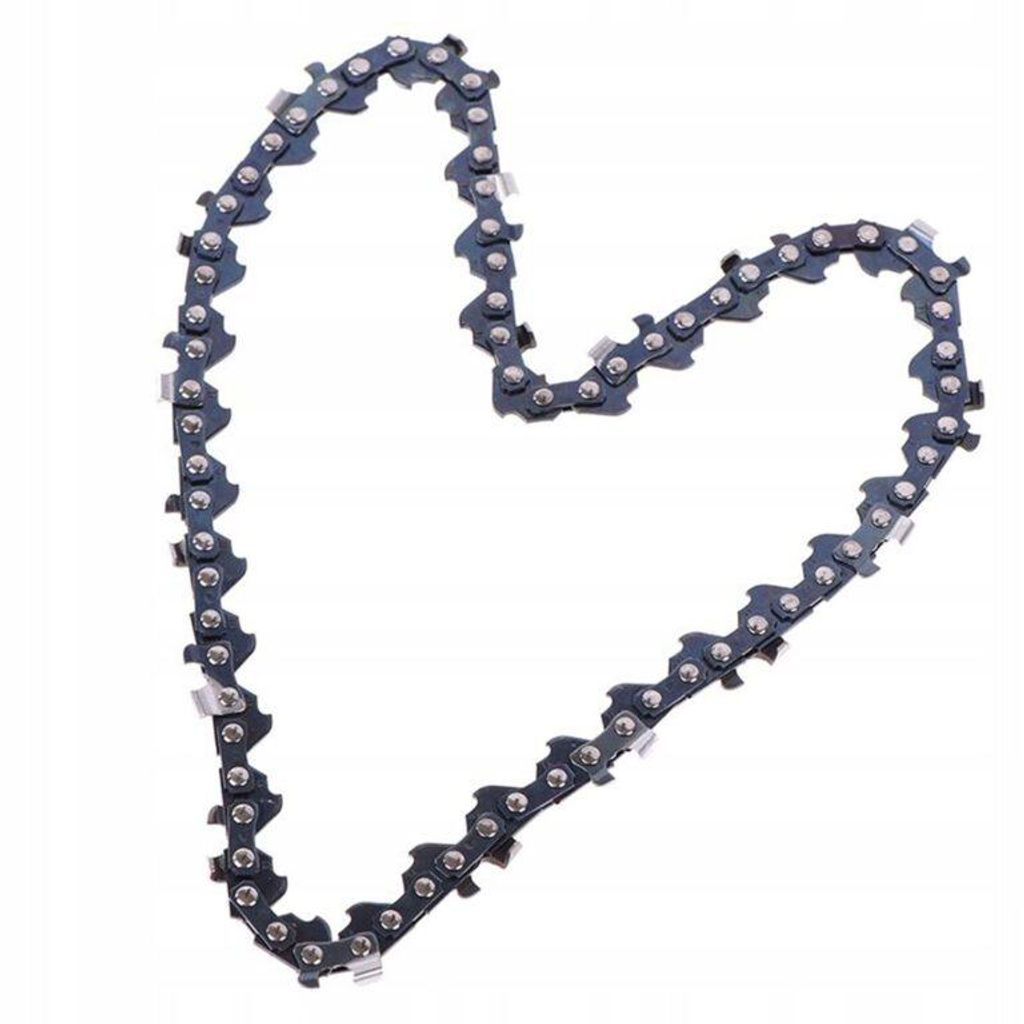 A chainsaw chain is laid out in a heart shape on a white background.