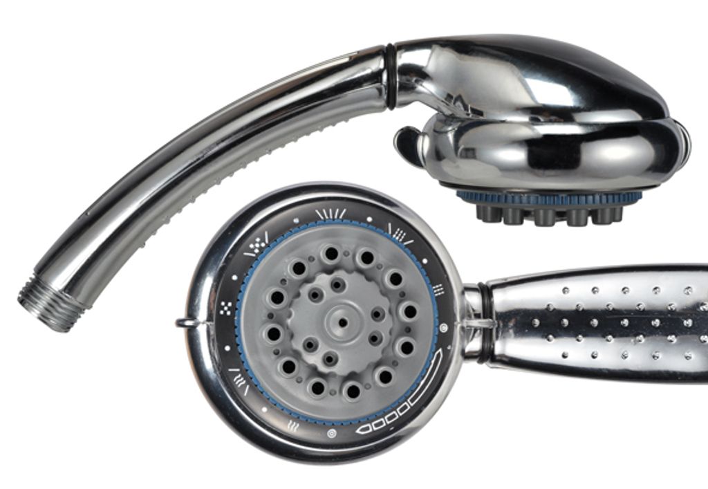 A chrome shower head is shown from two angles against a white background.