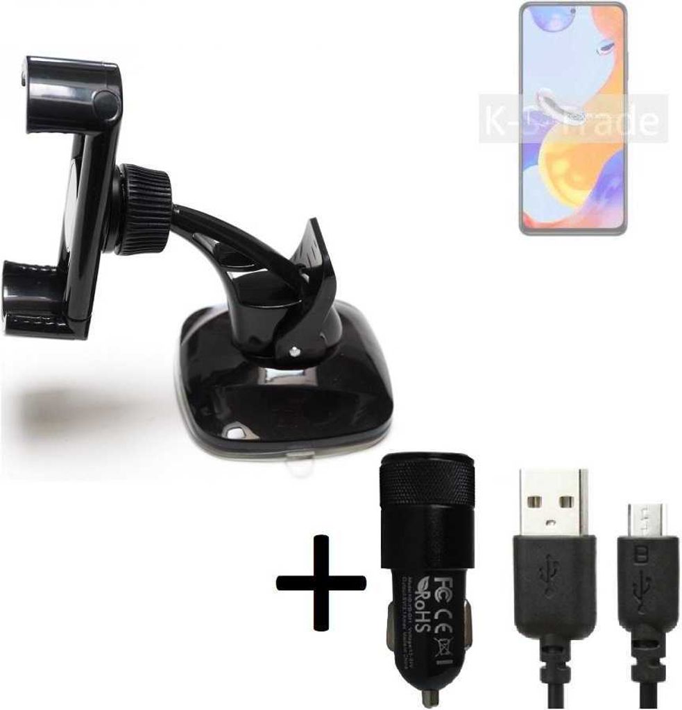 K-S-Trade Halterung kompatibel mit Xiaomi Redmi Note 11 Pro Global Windschutzscheibe / Armaturenbrett + LADEGERÄT mit Mico USB Kabel Autohalterung