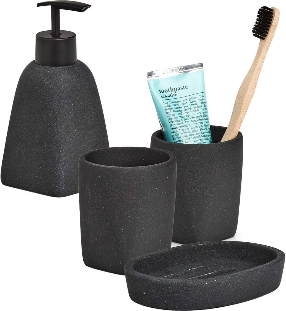 3-teiliges Badezimmer-Set Dark Stone schwarz matt, Badzubehör-Set besteht aus: Seifenspender, 2x Zahnputzbecher, Seifenschale, moderne Badausstattung