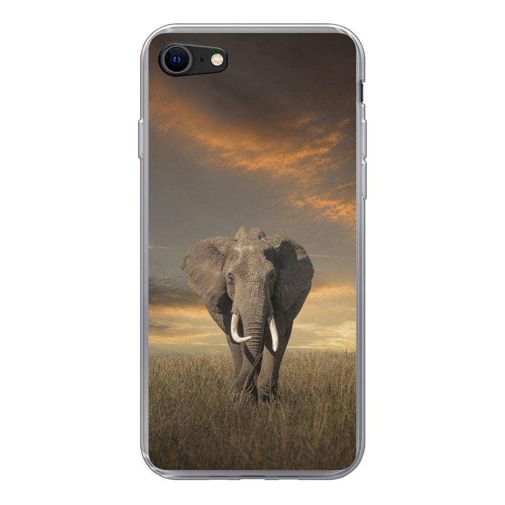 MuchoWow Handyhülle Schutzhülle Hülle für iPhone SE 2020 Elefant - Tiere - Gras - Natur Silikon Softcase Handy Hülle - Kartenbesitzer