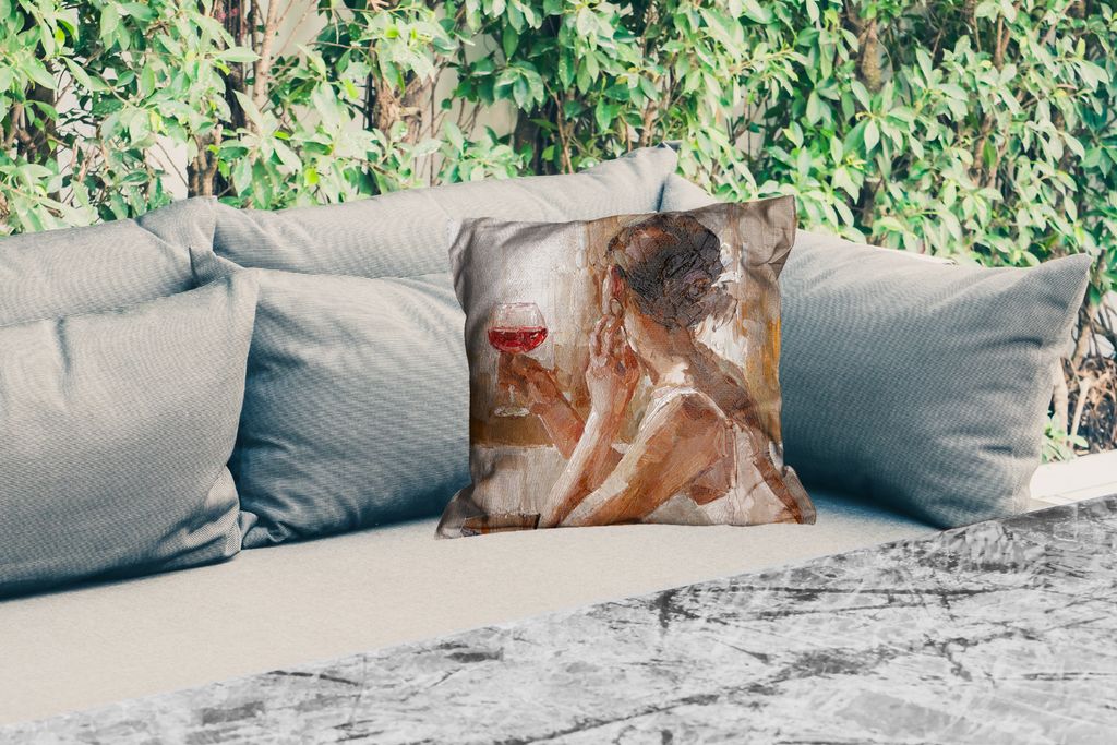 MuchoWow Outdoor Kissen - Gemälde - Ölfarbe - Frau - Wein - 45x45 cm - Wetterfest - Lounge Kissen - Fotokissen - Dekoratives Kissen