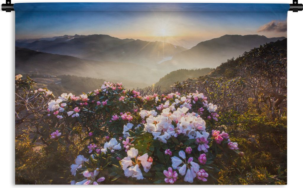MuchoWow Wandteppich Wandbehang Blumenwiese - Sonne - Berge 150x100 cm Tapisserie Dekoration Wandtuch - Waschbar - Tapisserien - Wand-Decke