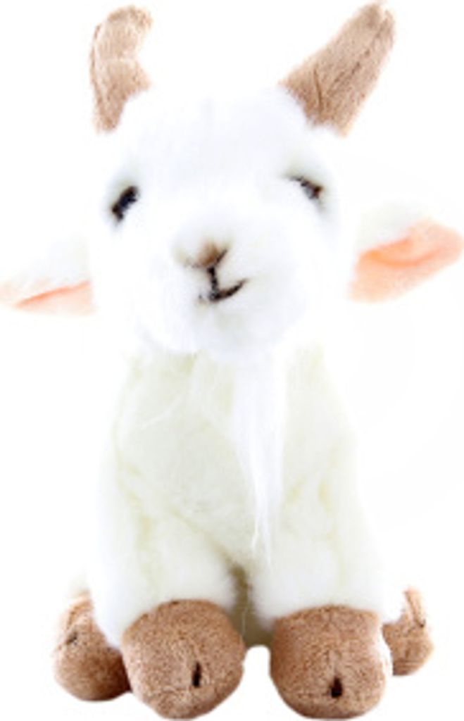 A plush toy goat is shown sitting against a white background.