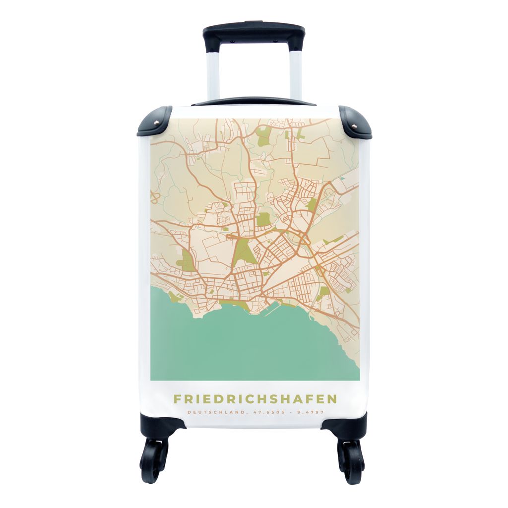 MuchoWow Koffer Handgepäck Trolley Rollkoffer Kleine Reisekoffer mit 4 Rollen - Friedrichshafen - Karte - Vintage - Stadtplan - Karte - Cabin Si...