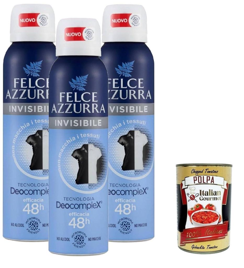 Felce Azzurra Deodorant Unisex Spray Skin Care Hydracare Formel mit weißem Tee 48H 3x150 ml+ Italian Gourmet polpa 400g