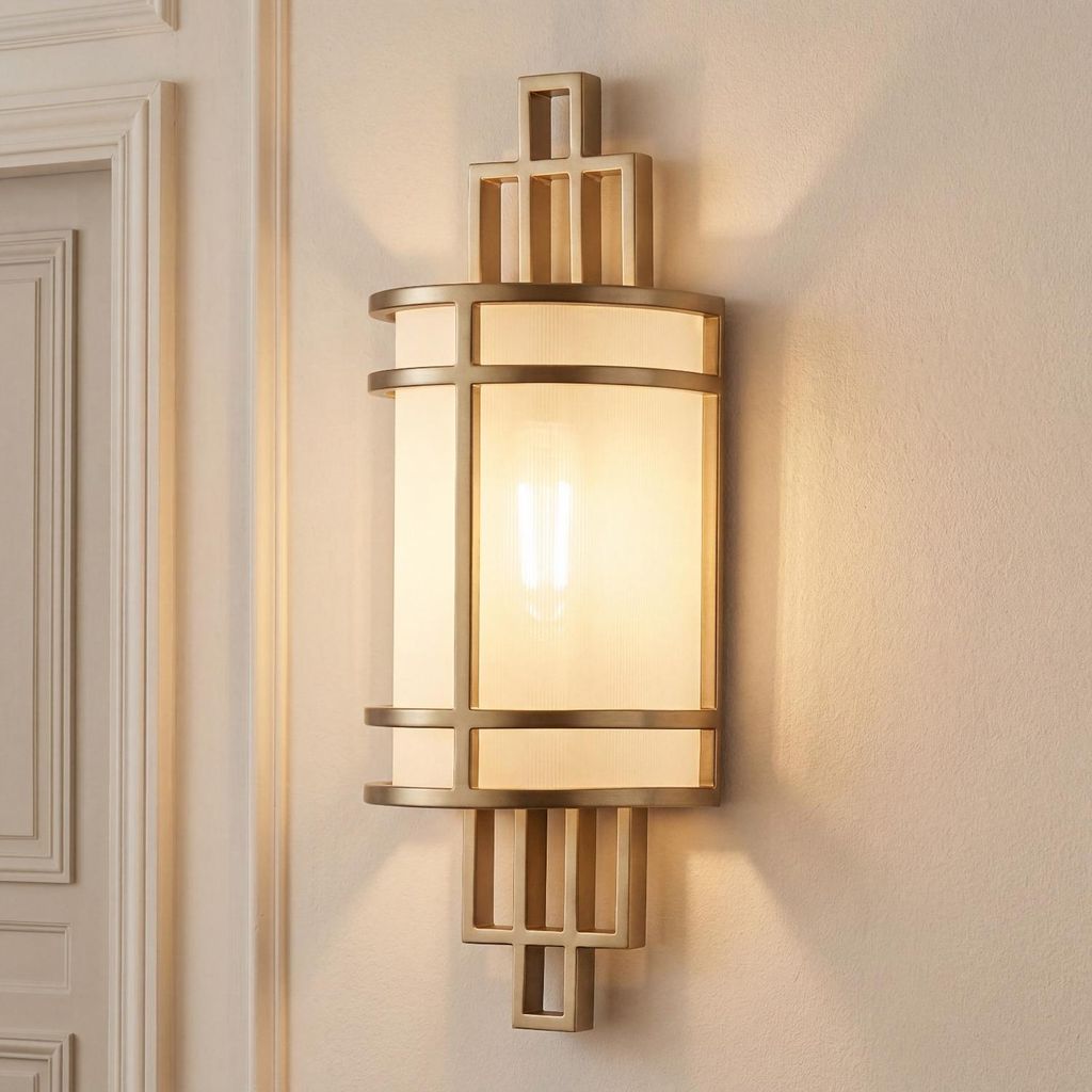 Wandleuchte in Messing Creme H: 39 cm Glas Metall E27 Vintage Design Wandlampe Flur Treppenhaus Wohnzimmer