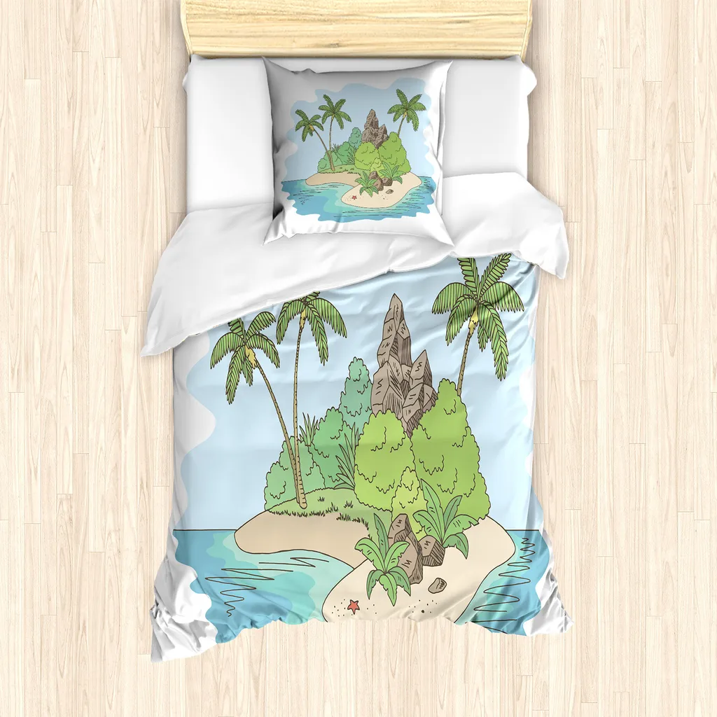 ABAKUHAUS Set copripiumino grafico per letti singoli, Insel Doodle Botanik, antiacaro, adatto a chi soffre di allergie, con federa, 135 cm x 200 cm - 80 x 80 cm, multicolore