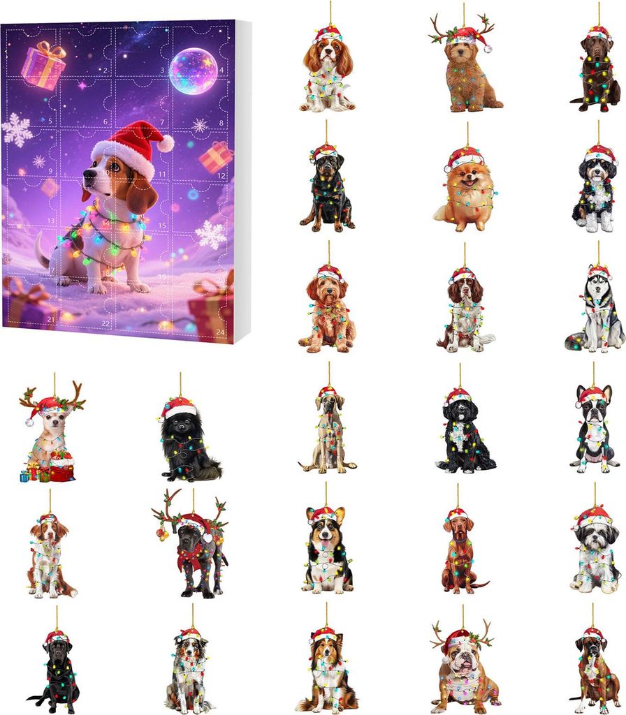 Hunde-Adventskalender 2025 – 24 Tage Countdown bis Weihnachten mit 24 Acryl-Hundefiguren – Weihnachtsgeschenk für Hundeliebhaber