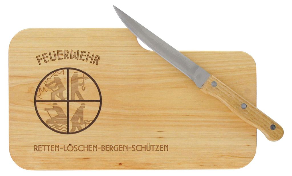Holzbrett mit Gravur „Feuerwehr“ und Messer | 26 x 15 cm | Frühstücksbrett, Schneidebrett, Snackbrett aus Holz | Geschenk für Feuerwehrleute...