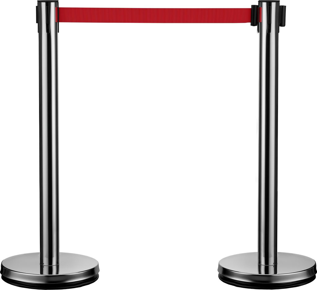 Wiltec mobile Absperrpfosten 32 x 7 x 90 cm in Silberfarben, rotes 200 cm Zugband, Absperrständer aus rostfreiem Stahl, Personenleitsystem für Ve...