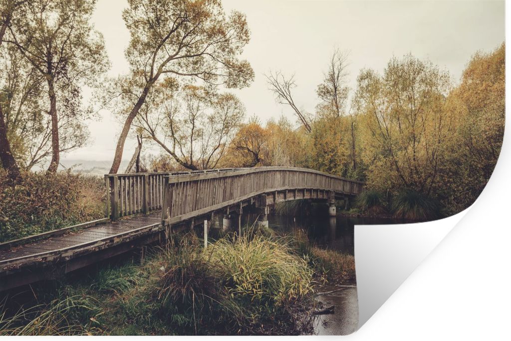MuchoWow Wandtattoo Wandsticker Wandaufkleber Herbst - Brücke - Bäume 90x60 cm Selbstklebend und Repositionierbar - Aufkleber