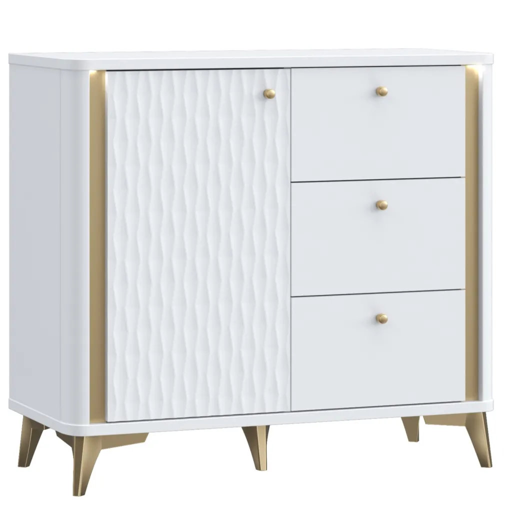 Commode de rangement blanche et dorée 3 tiroirs et porte 87cm haut