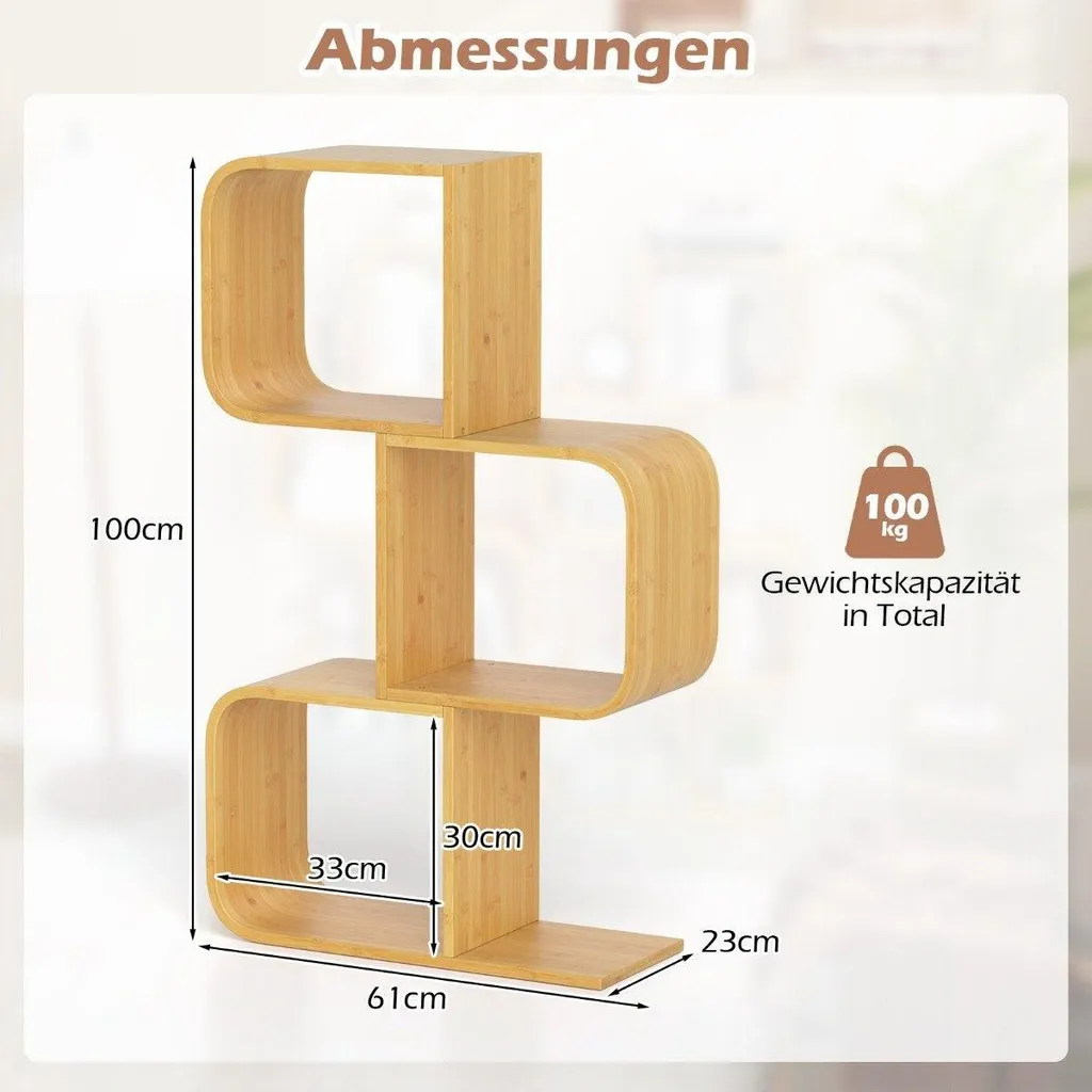Bibliothèque compacte pour petits espaces, étagère en S 3 tablettes bambou