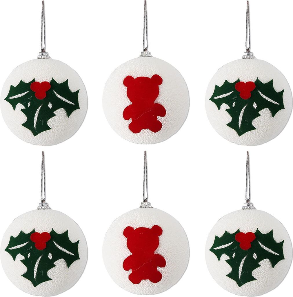 Weihnachtskugel-Ornamente, weiße Schaumstoffbälle mit Blatt-/Bärenmuster, hängende Weihnachtsbaum-Ornamente für die Baumdekoration im Urlaub