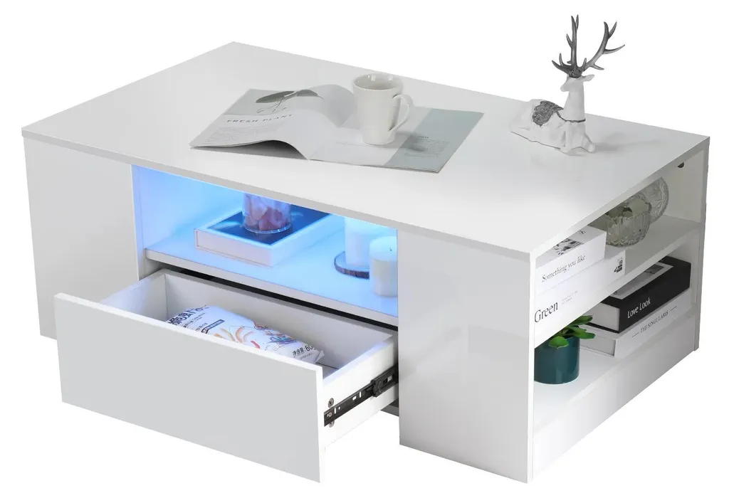 Table basse blanche brillante LED - Solution de rangement salon 2 tiroirs - 2