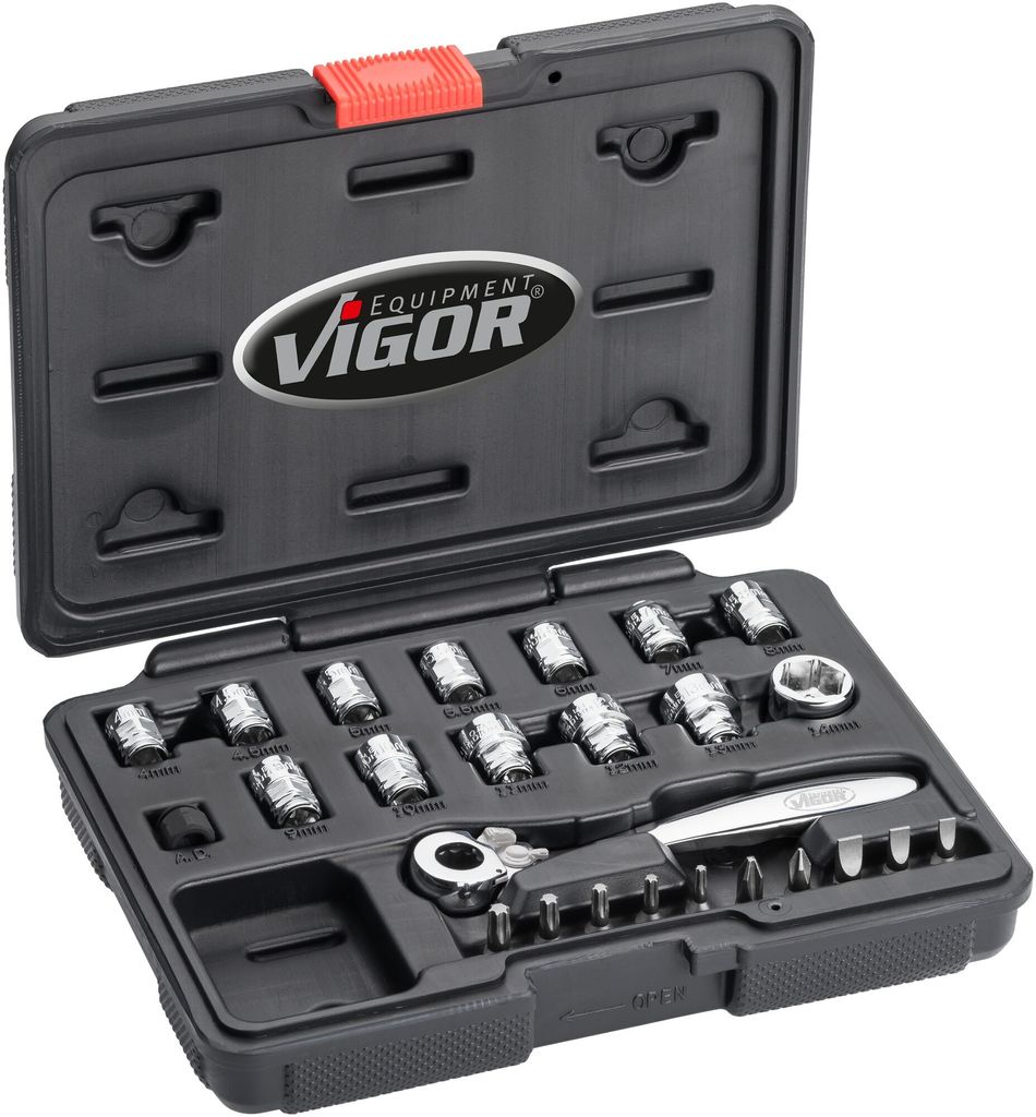 VIGOR Steckschlüssel Satz, superflach, 1/4 (6,3 mm) Vierkant hohl, Außen Sechskant Profil, 25-tlg., 4 - 14, Anzahl Werkzeuge: 25